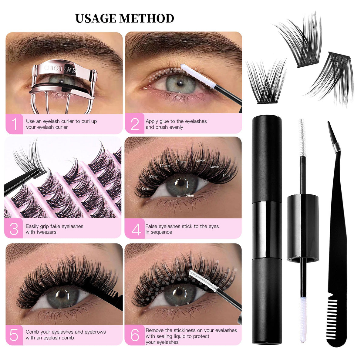 Cluster lashes kit with black glue, applicator wand, and curler, showing a 6-step application guide.