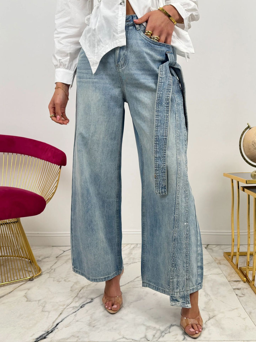 Fashion Heavy Rhinestone Side Bow Decorated Washed Denim Pants