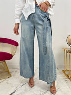 Fashion Heavy Rhinestone Side Bow Decorated Washed Denim Pants