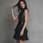 Black PU Leather Spliced Mini Dress – Sleeveless Double-Layer Ruffle Hem