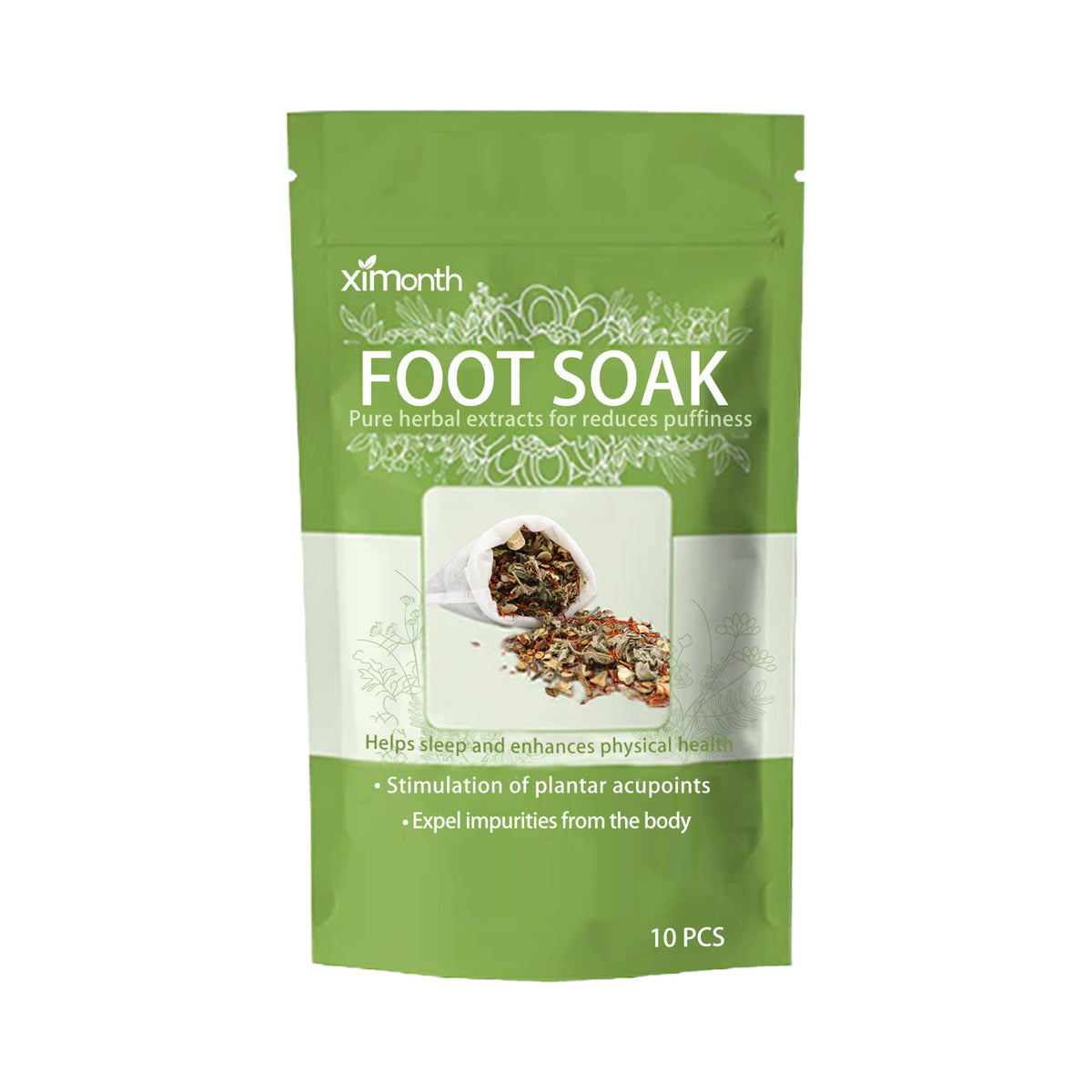 Green plastic foot soak pouch by Ximonth, featuring herbal illustrations and text describing benefits.