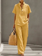 Plush Fashion Hub three-piece set with a cardigan, short sleeve top, and pants in solid color for casual lounge wear.