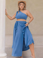 Plus size one-shoulder cutout crop top and high slit maxi skirt set by Shopimist, featuring stylish and elegant fashion design.