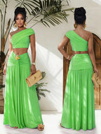 Plush Fashion Hub one-shoulder top and ruched maxi skirt set, stylish fashion outfit featuring a trendy off-shoulder top and flowing skirt.