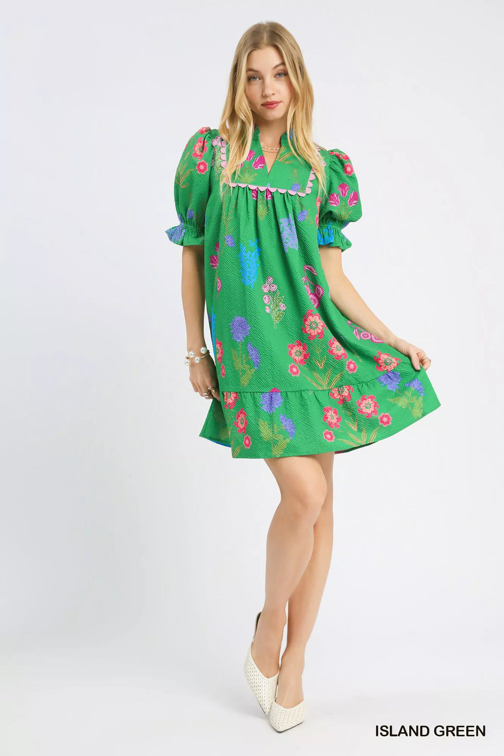 Umgee multi flower print V-neck dress featuring a flowy silhouette and vibrant floral pattern for a casual, stylish look.