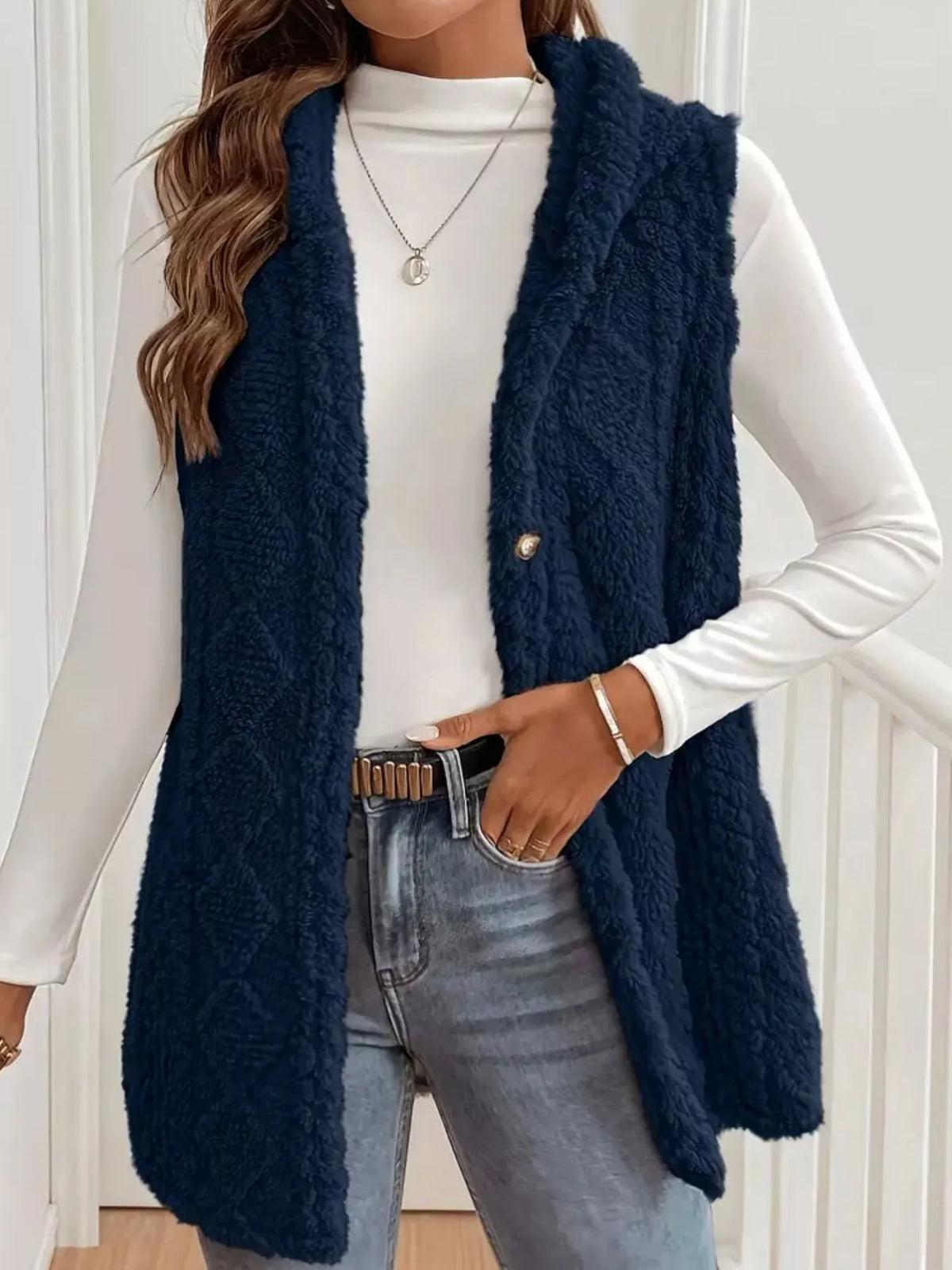 Simply Love hooded button-up sherpa vest coat with a cozy fleece lining and front pockets, displayed on a hanger.