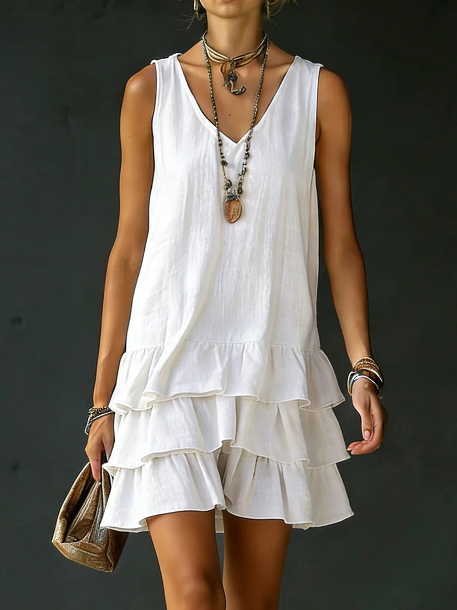 V-neck sleeveless midi dress by Plush Fashion Hub in five colors, casualwear, shown in a neutral pose on a model.
