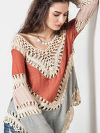 Crochet trimmed long sleeve swim cover-up from Trendsi featuring lightweight fabric and stylish design, perfect for beachwear.