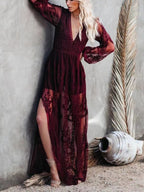 Floral lace high-slit maxi dress by Trendsi featuring elegant evening gown design, flowing fabric, and floral lace details.