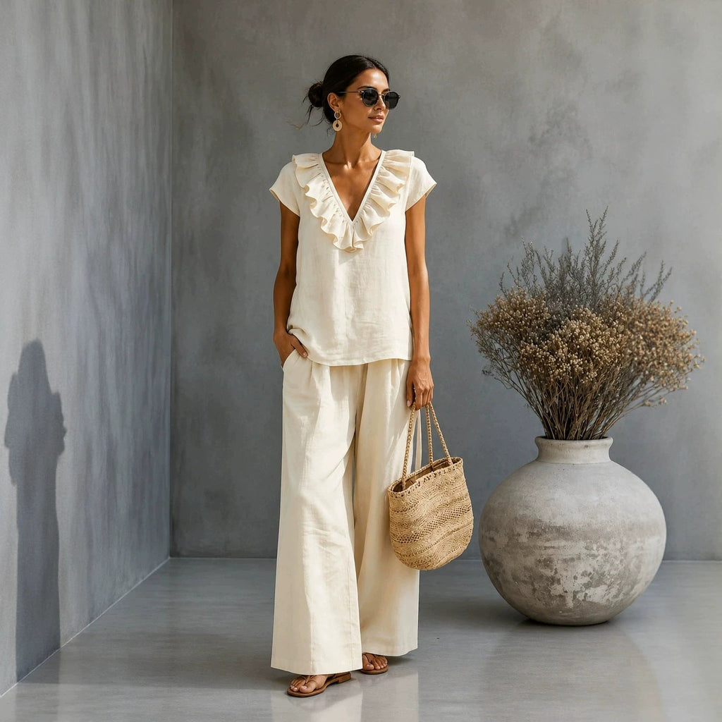 Women's V-neck ruffled hem top and wide-leg pants two-piece casualwear set by Plush Fashion Hub, shown in a stylish ensemble.