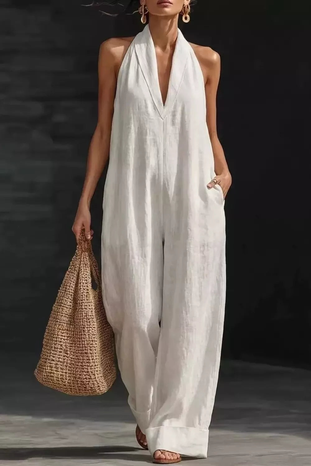 Women's sleeveless wide-leg jumpsuit with pockets from Trendsi, featuring a casual, chic design and flowing fabric.