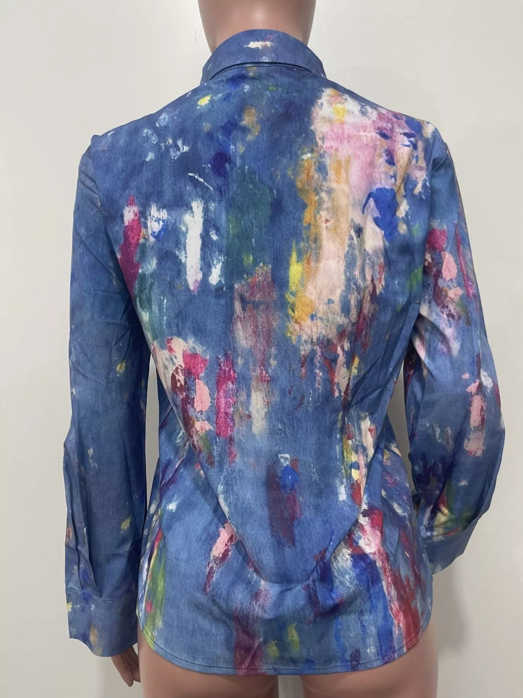 Artistic painted long sleeve denim shirt by Plush Fashion Hub featuring colorful hand-painted design and classic fit.
