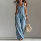 Women's Washed Denim Straight-Leg Loose Sleeveless Strap Jumpsuit