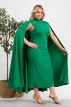 Plus size green midi dress from Fasheabe's Stella Cape collection, featuring a stylish and elegant design.