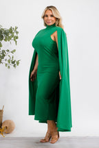 Green Stella Cape Plus Size Midi Dress by Fasheabe, featuring a flowing style with cape detail and midi length.