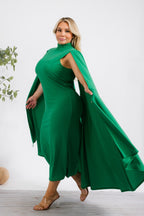 Fasheabe Stella Cape Plus Size Midi Dress in vibrant green, flowing fabric with cape detail, suitable for elegant occasions.