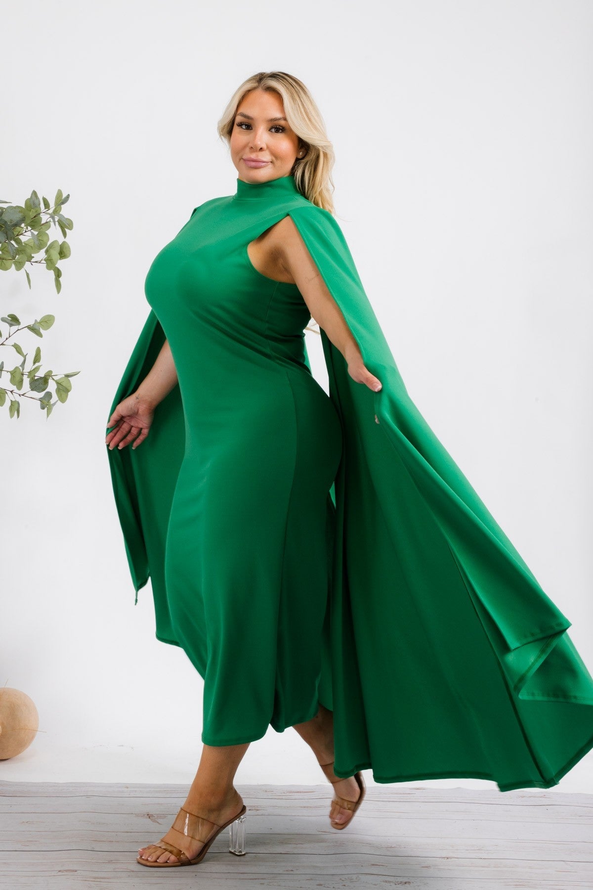 Fasheabe Stella Cape Plus Size Midi Dress in vibrant green, flowing fabric with cape detail, suitable for elegant occasions.
