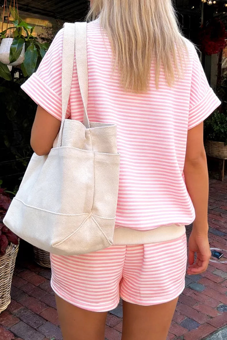Plush Fashion Hub plus size striped round neck tee and shorts two-piece set, casual and comfortable lounge wear.