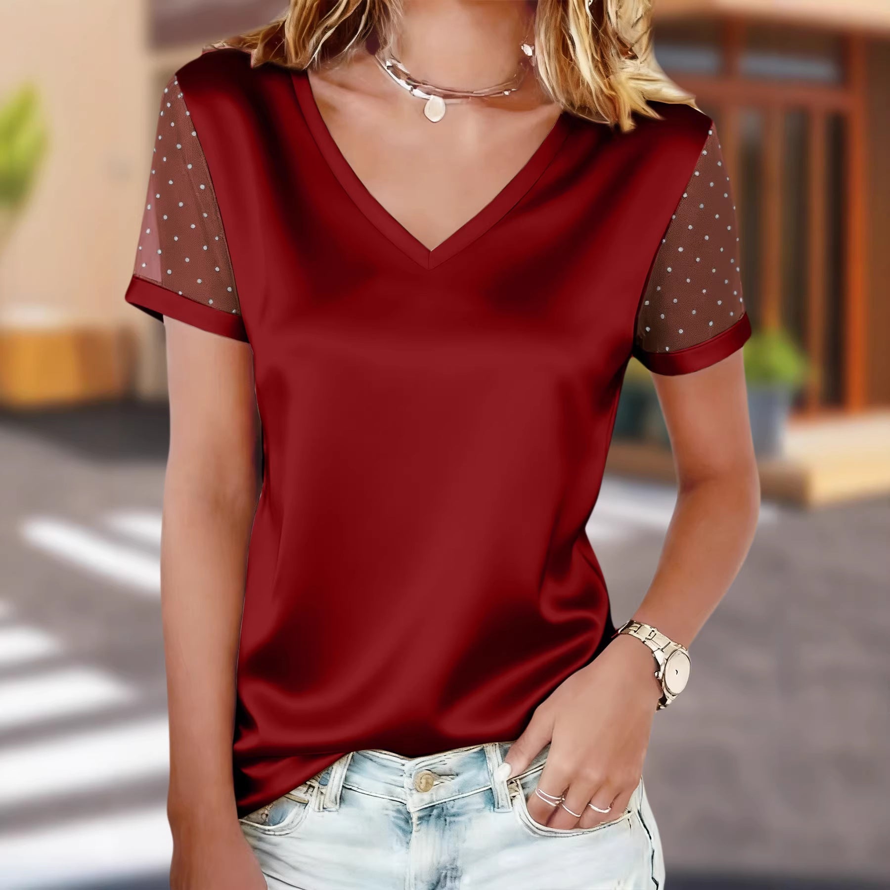 Solid-color V-neck mesh T-shirt with rhinestone studs, short sleeves, from Plush Fashion Hub, stylish and trendy for casual wear.