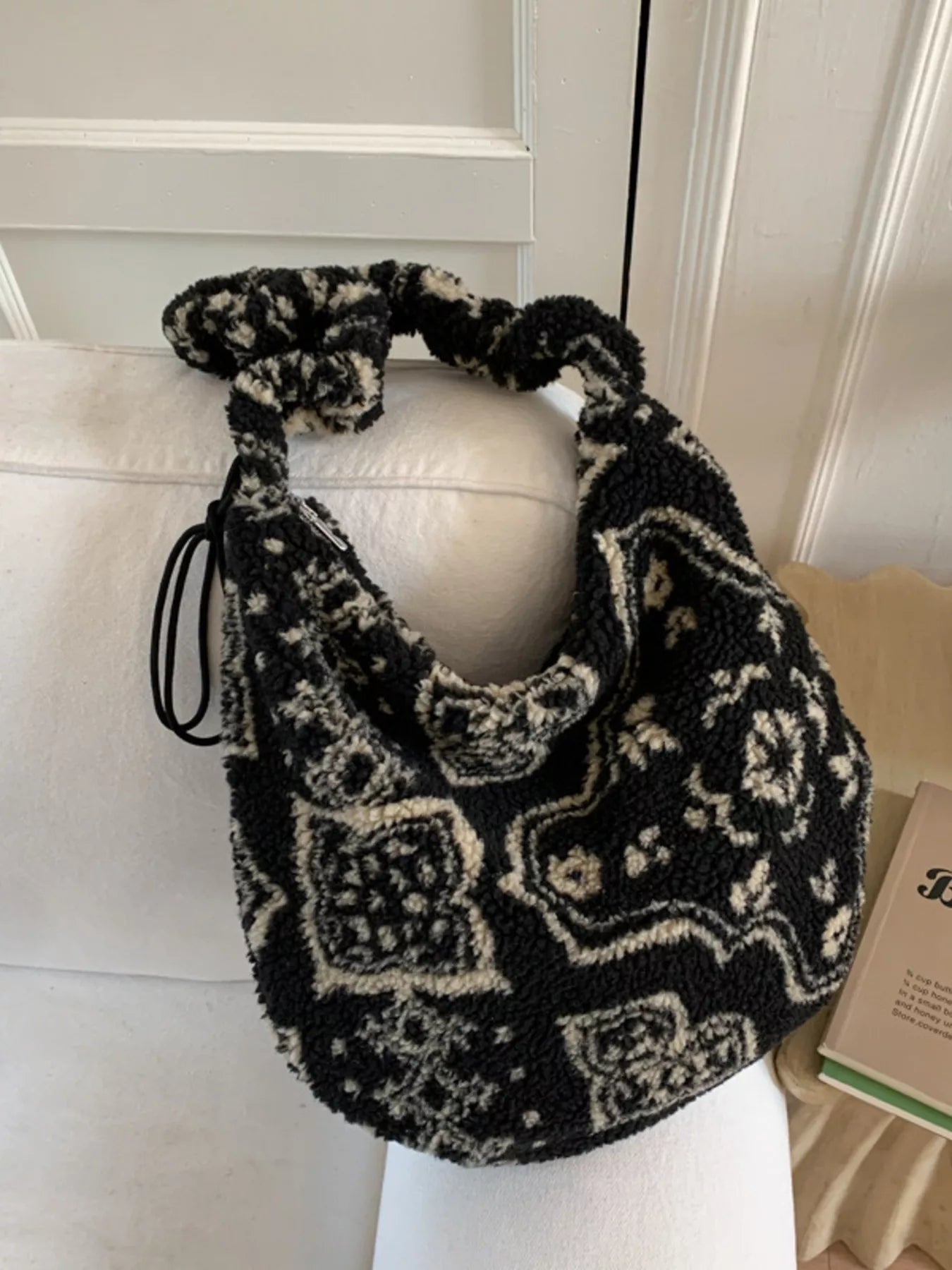 Plush Sherpa Ruched Strap Handbag by Plush Fashion Hub showing soft, cozy sherpa material with ruched strap detail.