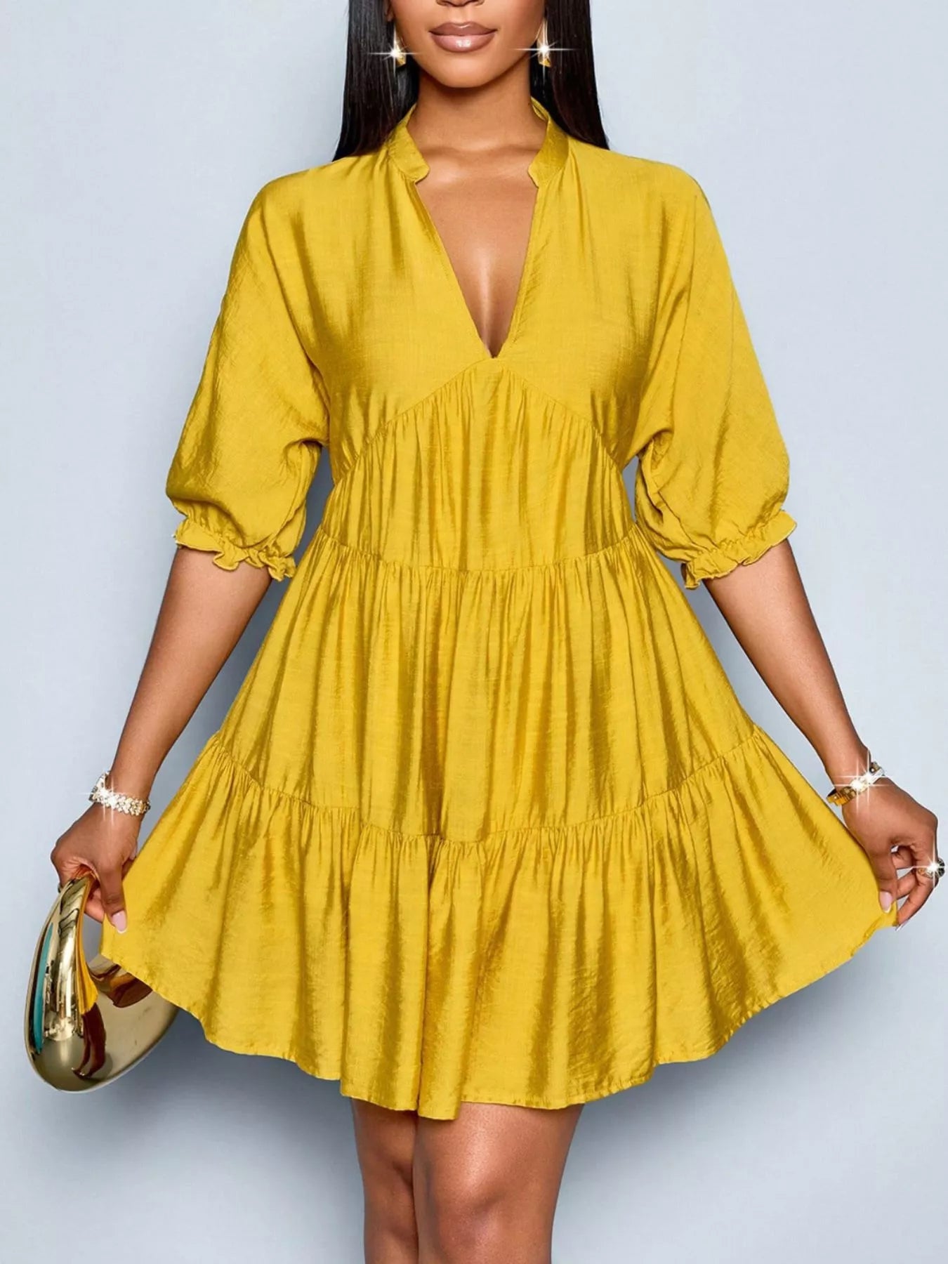 Notched half sleeve tiered dress by Shopimist featuring a flowy, layered design perfect for casual or semi-formal wear.