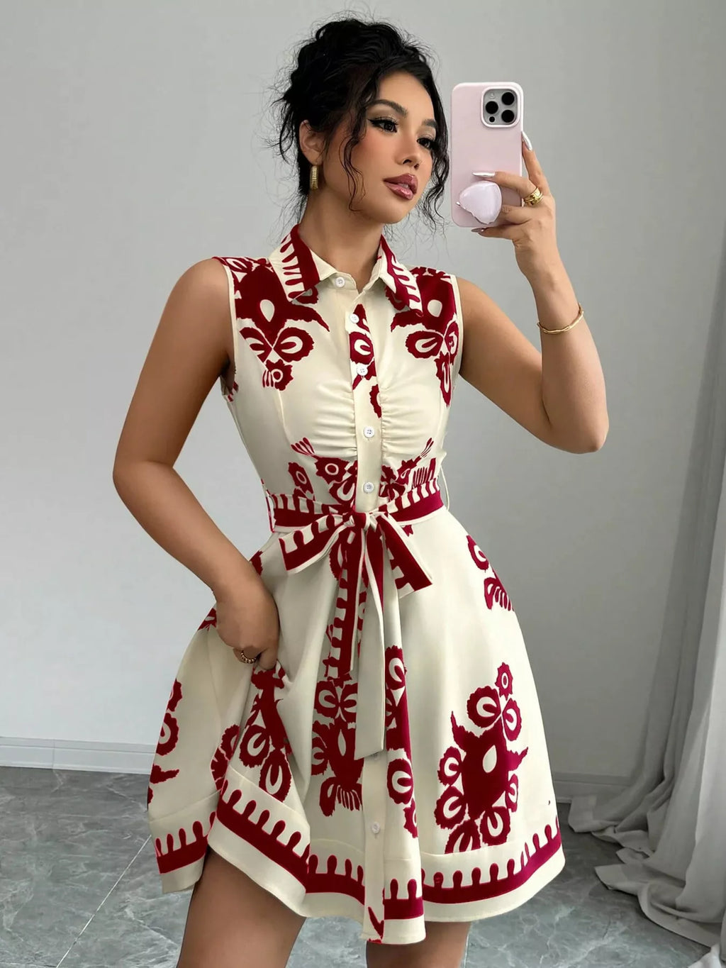 Sleeveless ruched printed tie waist dress by Shopimist featuring a floral pattern and a flattering waist tie.