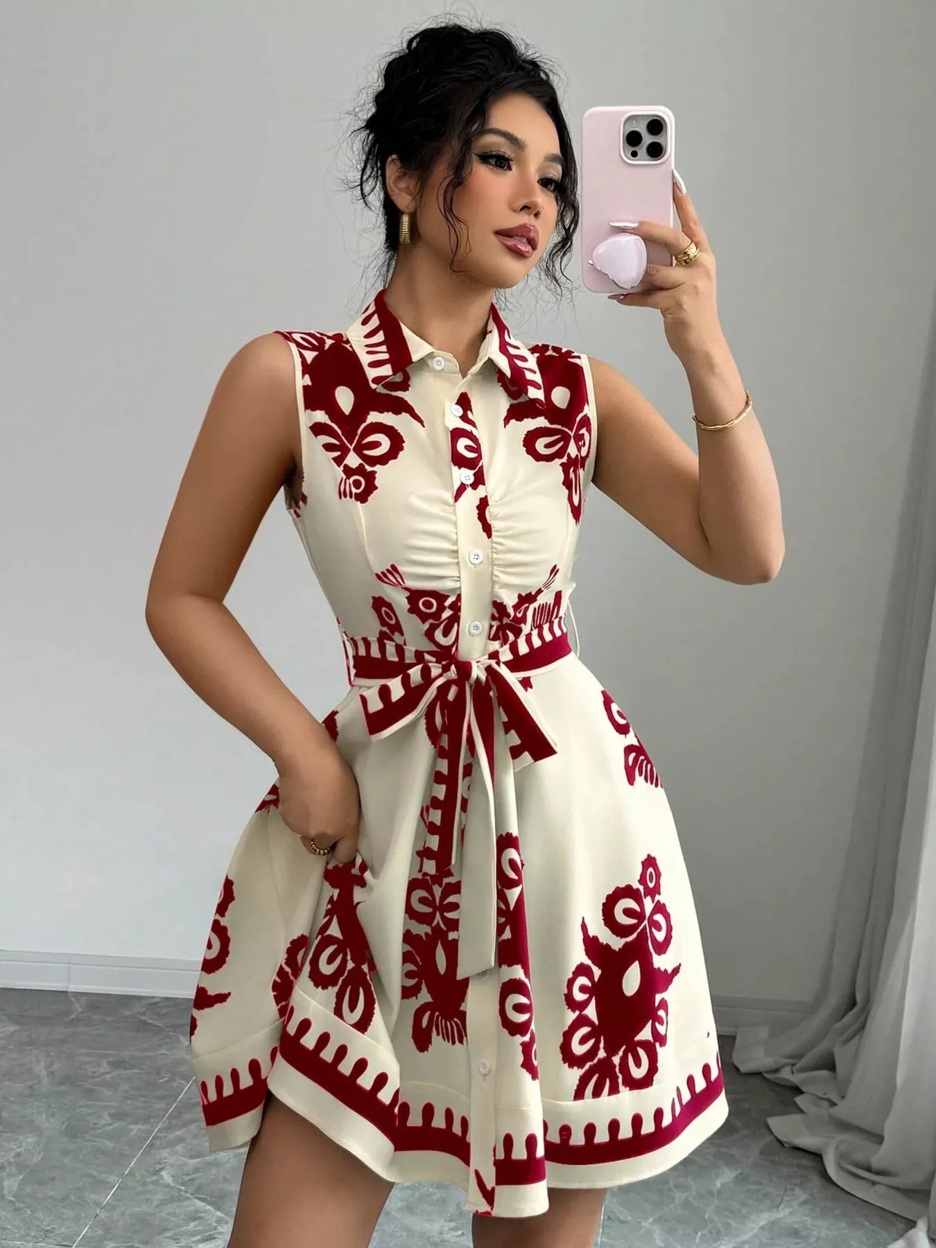 Sleeveless ruched printed tie waist dress by Shopimist featuring a floral pattern and a flattering waist tie.