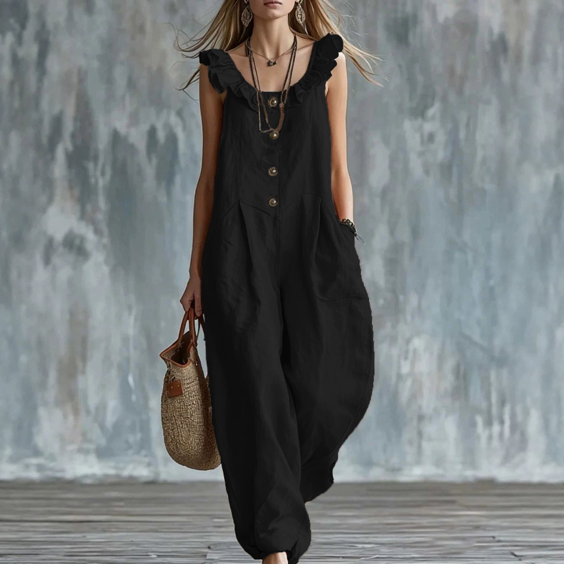 Women's sleeveless button-down tank jumpsuit from FitiqueFit, casualwear with a relaxed fit and stylish design.