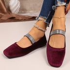 Rhinestone embellished square toe slip-on flats for women, chic casual shoes by Trendsi, featuring sparkling rhinestone details.