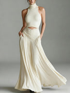 Style Sleeveless High Neck Top with Elegant Long Dress Two-Piece Set