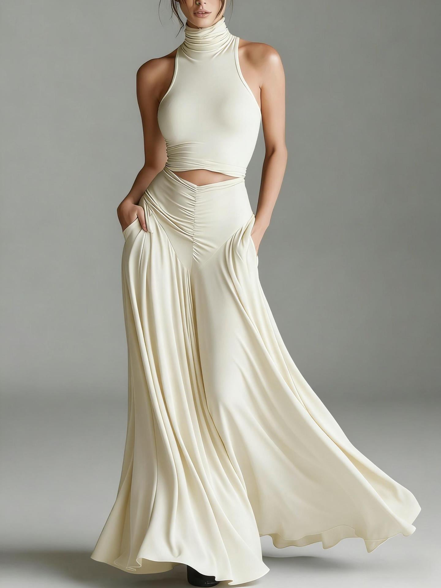 Plush Fashion Hub two-piece sleeveless high neck top and elegant long dress set, stylish outfits for women, front view.