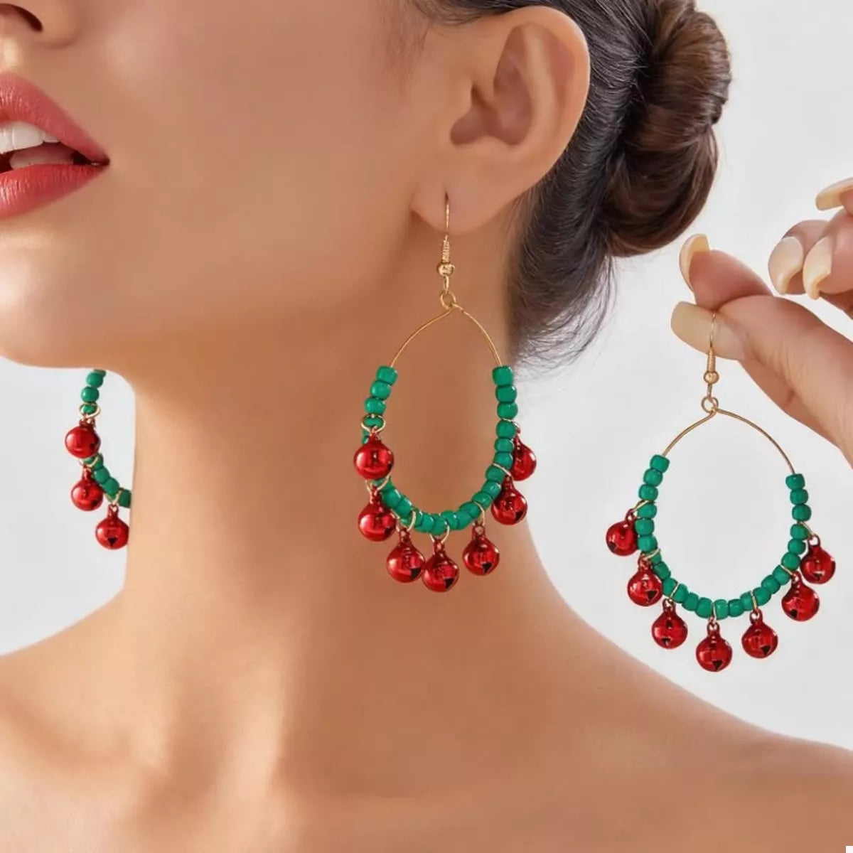 Plush Fashion Hub Christmas beaded hoop earrings with jingle bells, festive jewelry with colorful beads and metal hoops