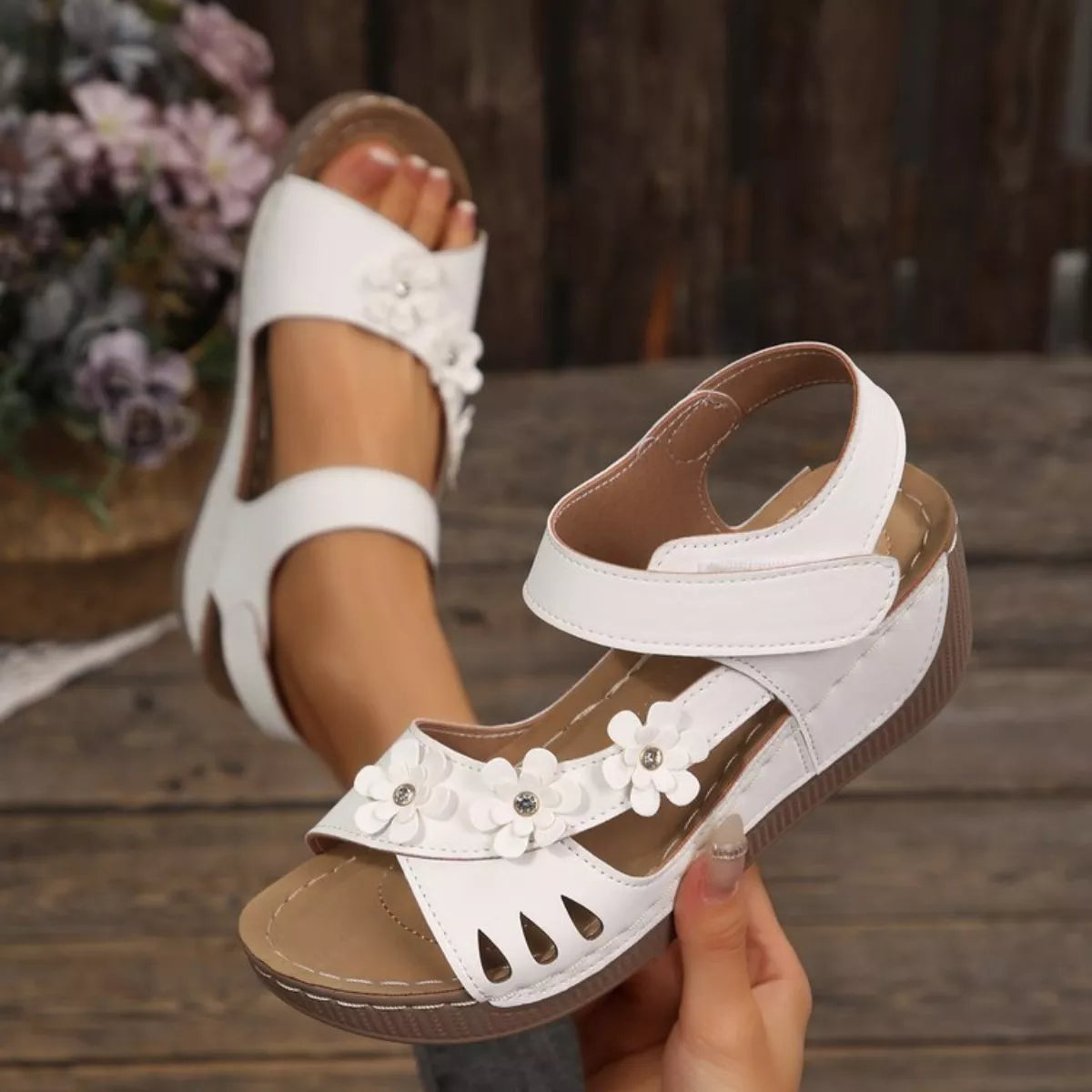 Floral embellished Plush Fashion Hub wedge sandals with open toe and ankle strap, featuring colorful flower details and comfortable sole.