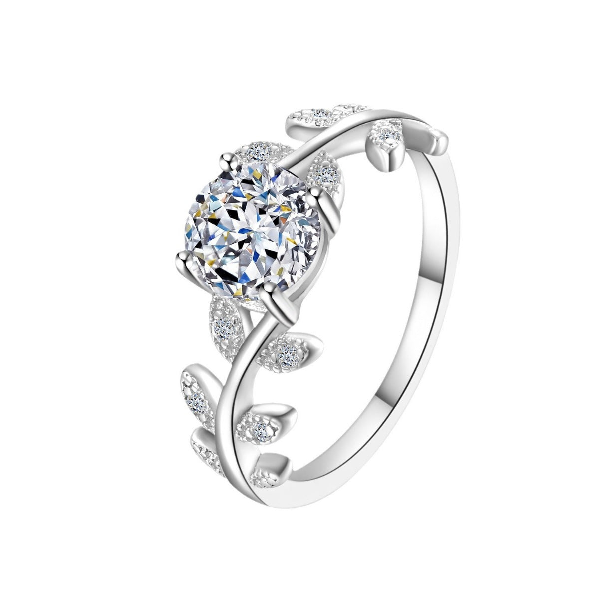 Sterling silver leaf ring with 1-carat moissanite gemstone, elegant jewelry piece showcasing detailed leaf design.