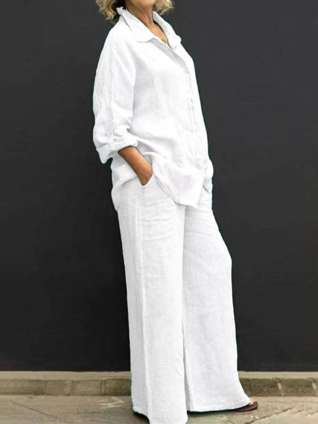 Plus size long sleeve shirt and pants set by Shopimist, shown in a full-length view, featuring a comfortable, coordinated outfit.