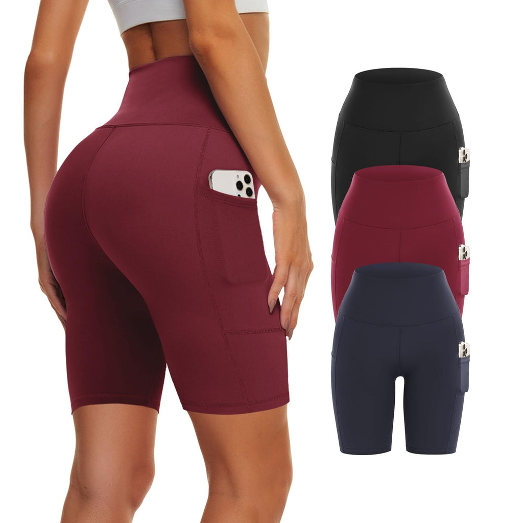 Three high-waisted biker yoga shorts from FitiqueFit in black, designed for activewear and flexible movement.