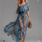 Peacock blue leopard print chiffon off-shoulder boho A-line dress, casualwear style with relaxed fit and breezy fabric.