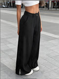 Women's silky satin wide-leg trousers from Plush Fashion Hub, high-waist casual pants with pockets, ideal for stylish comfort.
