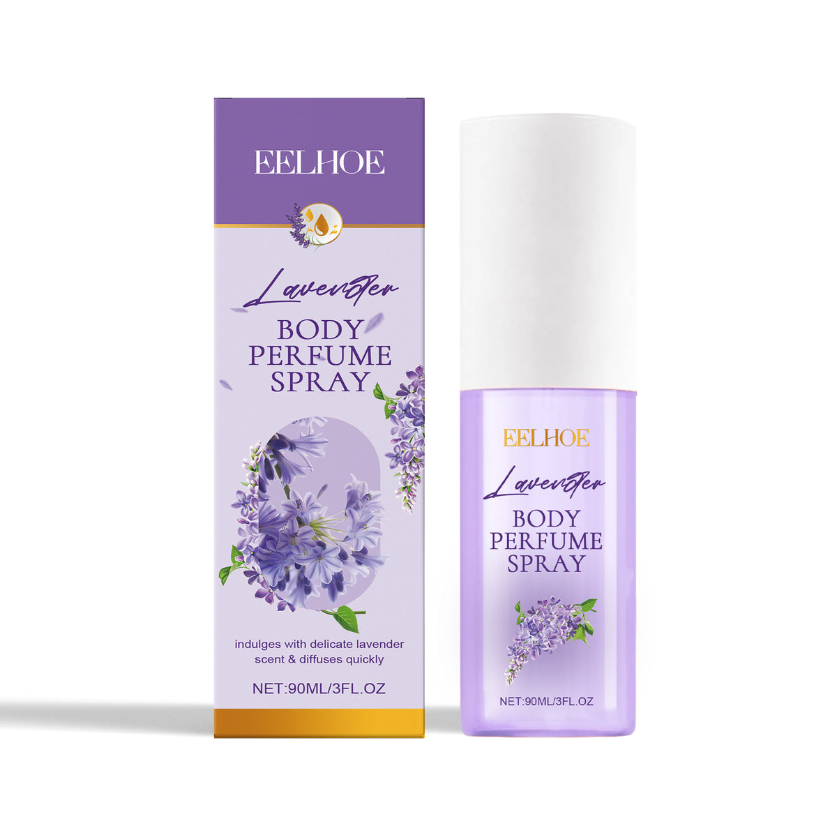 Purple and white Eelhoe lavender body perfume spray bottle with box, featuring lavender flower graphics.
