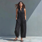 LadyShow summer sleeveless jumpsuit with V-neck, buttons, pockets, casual style, women's trousers overall for warm weather.