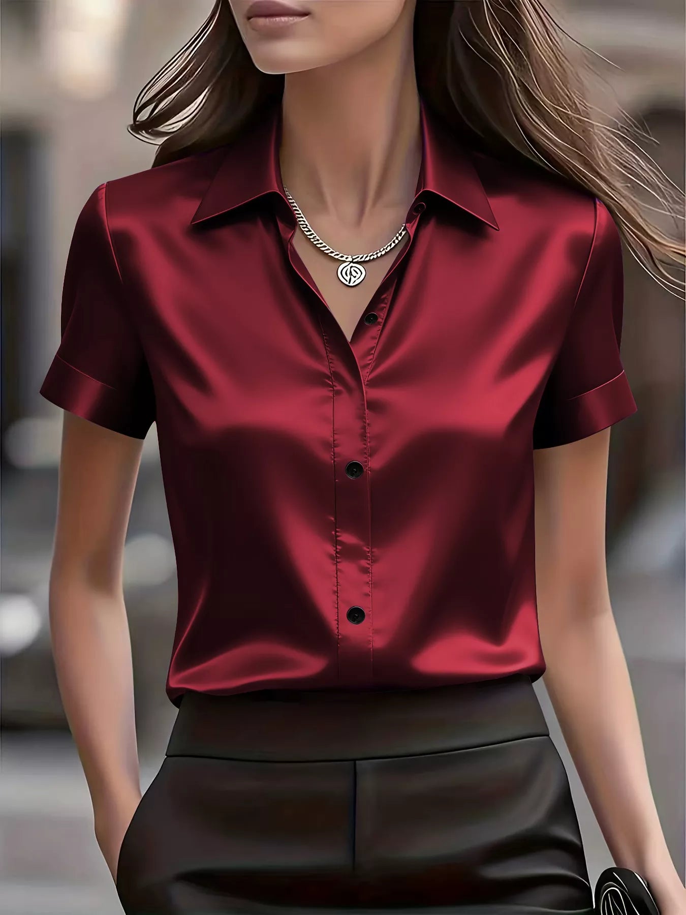 Plush Fashion Hub satin short-sleeve shirt with a smooth, shiny fabric and a relaxed fit, displayed on a hanger.