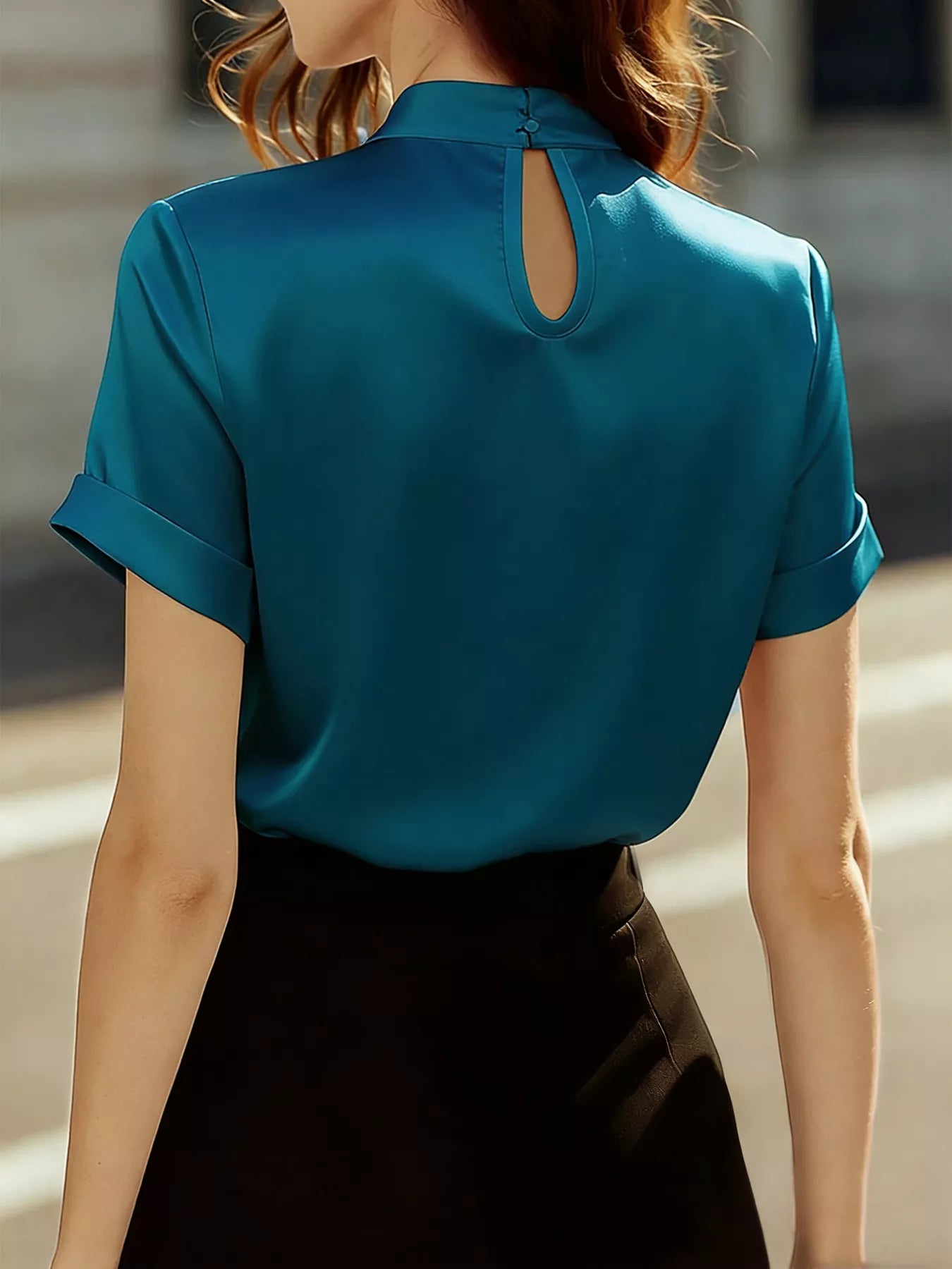 Plush Fashion Hub satin keyhole short sleeve blouse with a stylish fit, featuring a keyhole neckline and smooth satin fabric.