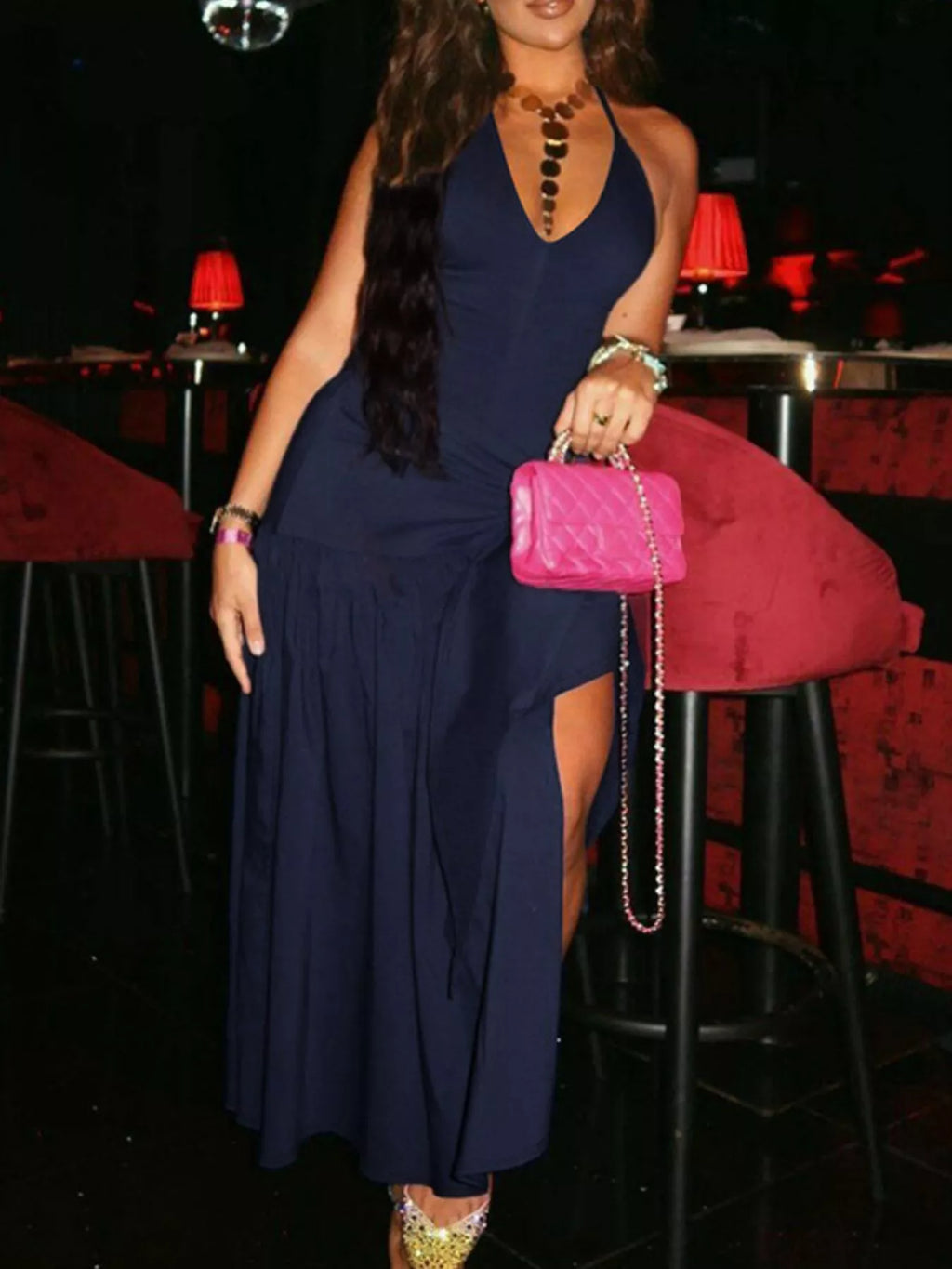 Shopimist halter neck ruched bodysuit and maxi skirt set, featuring a fitted bodysuit with ruched details and a flowy maxi skirt.