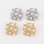 Shopimist pearl grid square stud earrings featuring a modern design with white pearls and silver-tone metal.