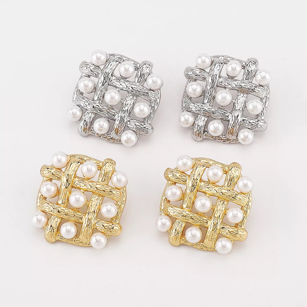 Pearl grid square stud earrings from Plush Fashion Hub featuring elegant white pearls and modern geometric design.