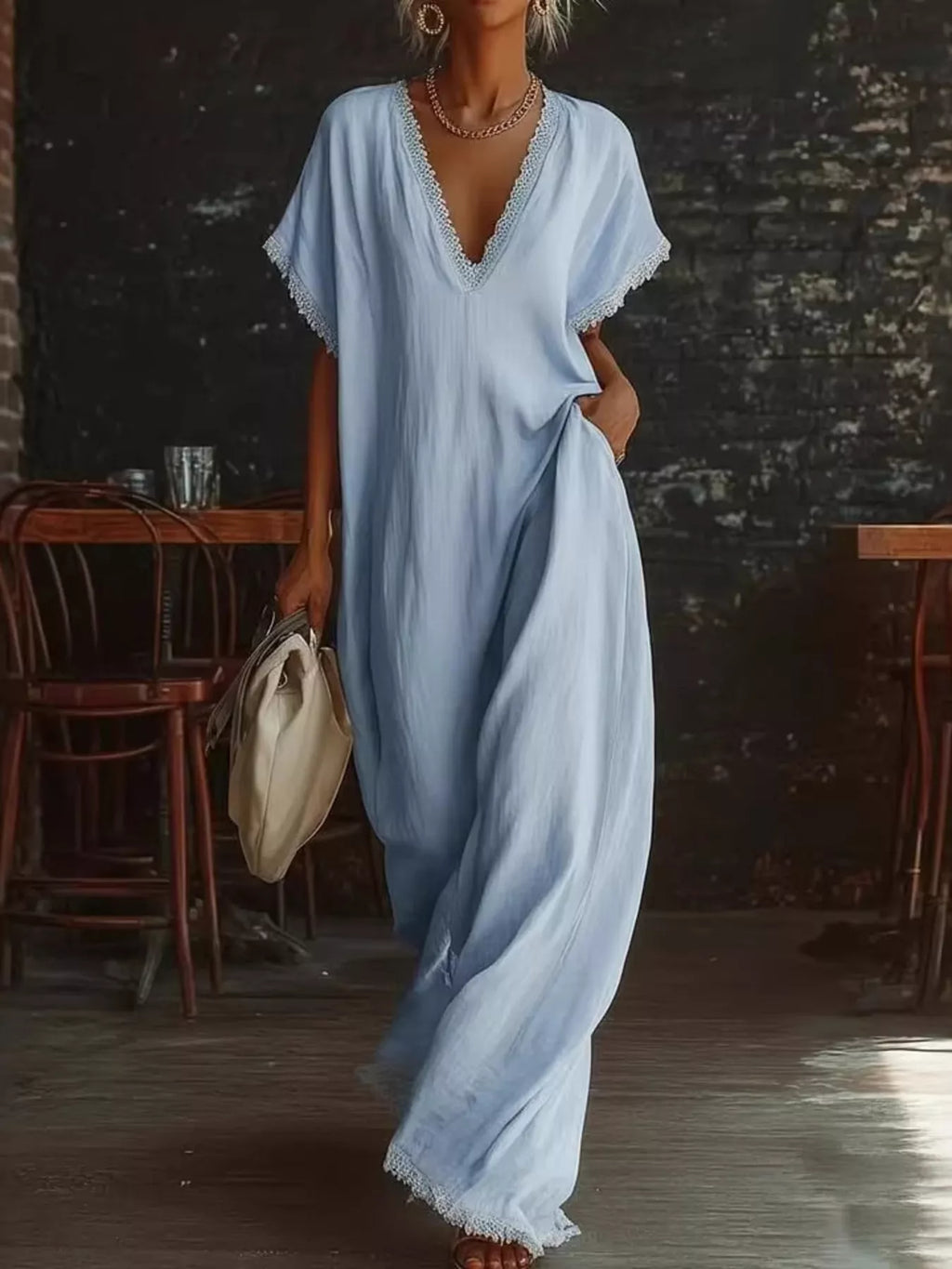 Full size Shopimist lace trim V-neck maxi dress with plus size fit, featuring elegant lace details and flowing fabric.