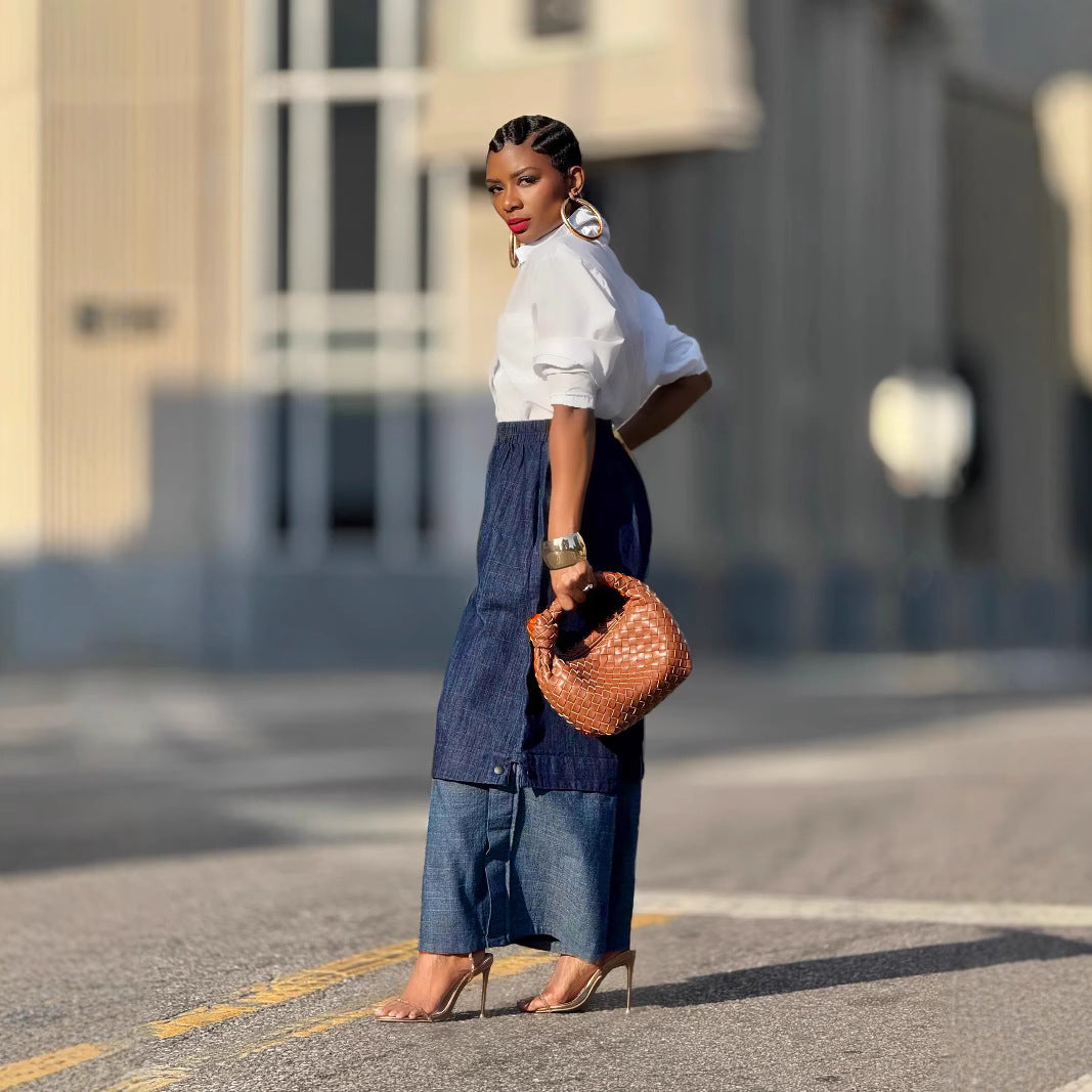 Patchwork color-blocking wide-leg denim jeans by Plush Fashion Hub, featuring vibrant patches and relaxed fit.