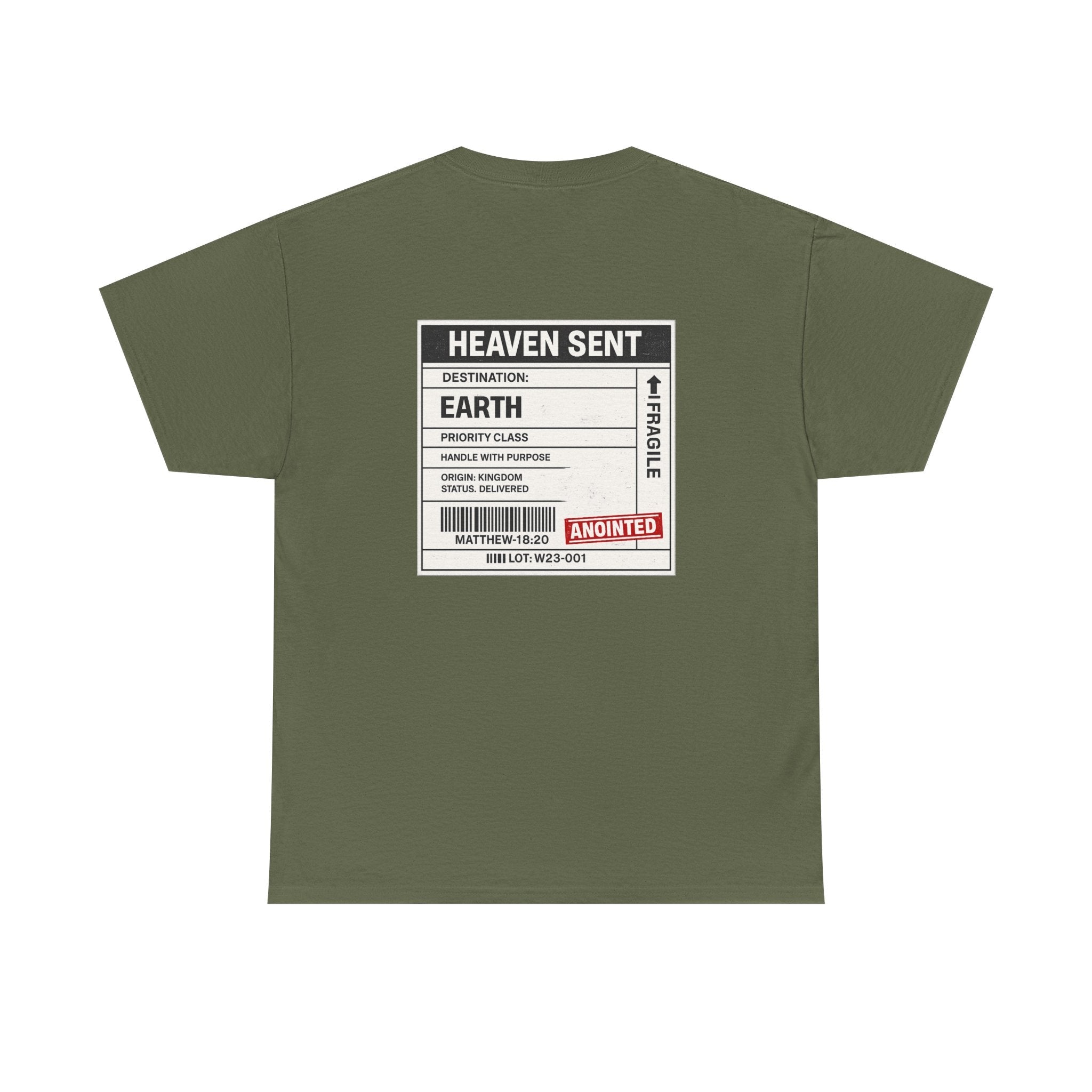 Heaven Sent Christian T-shirt by Wear Your Worship featuring faith-based graphic design and back label detail.