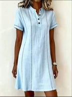 Women's printed button-up midi dress with stand collar, 3/4 sleeves, loose fit from Plush Fashion Hub.