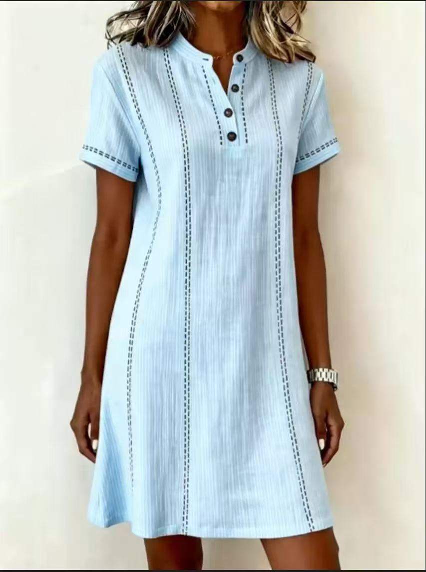 Women's printed button-up midi dress with stand collar, 3/4 sleeves, loose fit from Plush Fashion Hub.